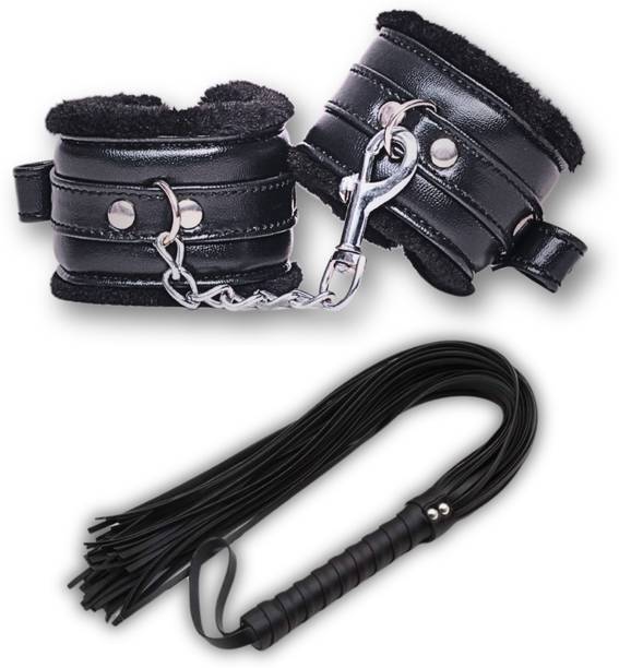 cinrada Handcuff & Flogger Premium Soft Leather Black 2 Pcs combo For Couple