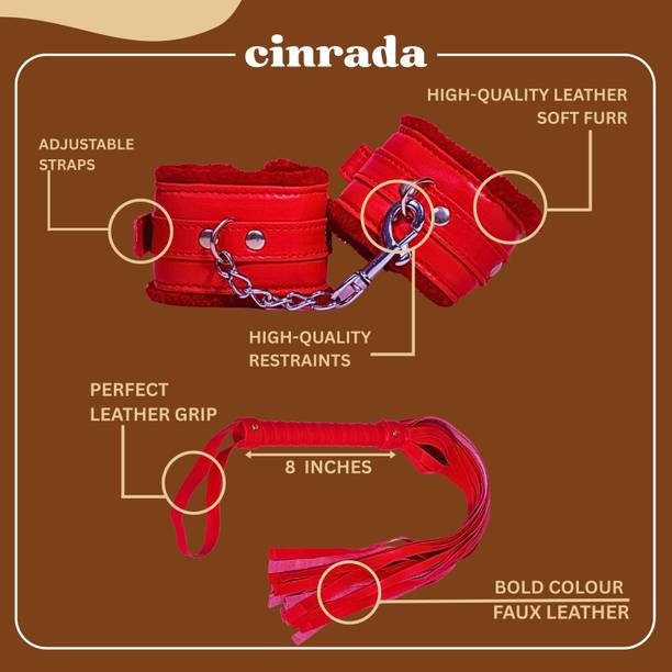 cinrada Handcuff & Flogger Premium Soft Leather Red 2 Pcs combo For Couple