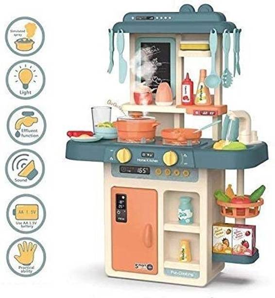 HIM TAX Kitchen Set for Kids Girl 42 Piece Kitchen Set, Smoky, Music,Real Water Tap Blue