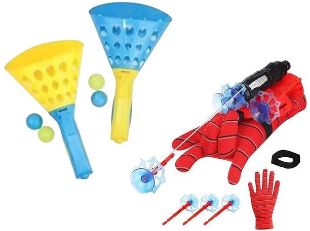 wishhuttoys Superheroes Web Shooter Toy & Click Catch Twin Ball Game Set for Kids Party play