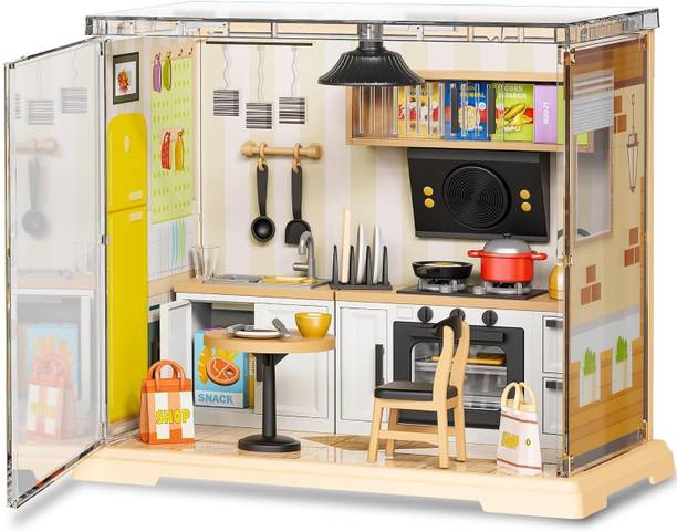 TAVAHBmart DIY Mini Kitchen Dollhouse Kit 92 PCS LED Light Educational Toy Craft Set Kids
