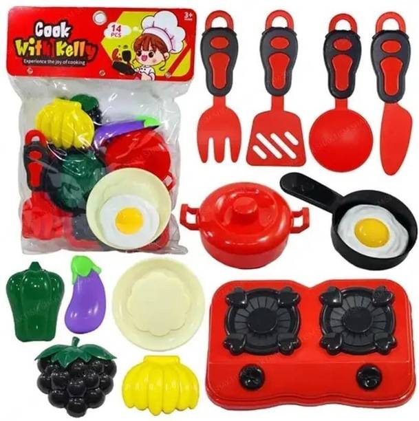 A MAGICAL HUB Kitchen Play Set Toys for Kids-14 Pieces Portable Cooking Toys,Pretend Role Play