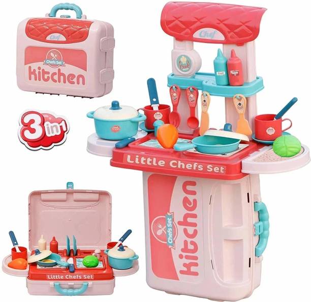 NAMANSHU TEX Plastic 3 in 1 Kitchen Set for Kids Portable Suitcase Role Play Set