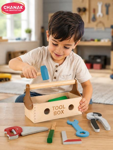 CHANAK Wooden Tool Kit Pretend Play Set For Kids Portable Construction Tool Kit 7 Piece