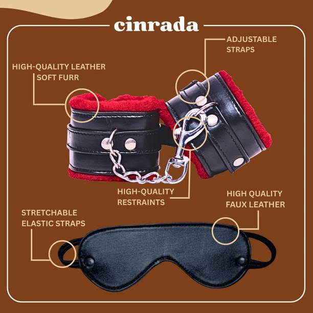 cinrada Handcuff & Blind Fold Red&Black Premium Leather 2 Pcs combo for Couples