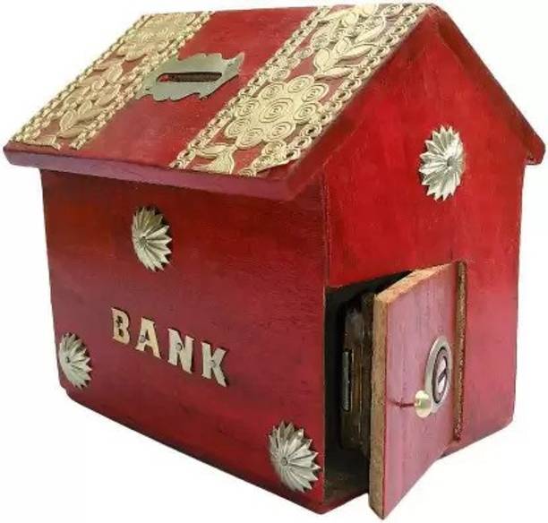 kisniv Red Beautiful hut shape coin bank for kids with 2 keys and lock