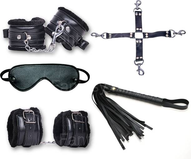 cinrada Handcuff Role Play Kit Black – 5 Pcs Combo Set with Cuffs, Mask, Flogger & Strap