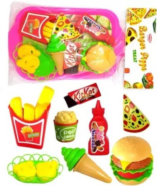 PRIMEFAIR Pretend Fast Food Kitchen Play Set Plastic Burger Pizza Ice Cream Pop Corn Set