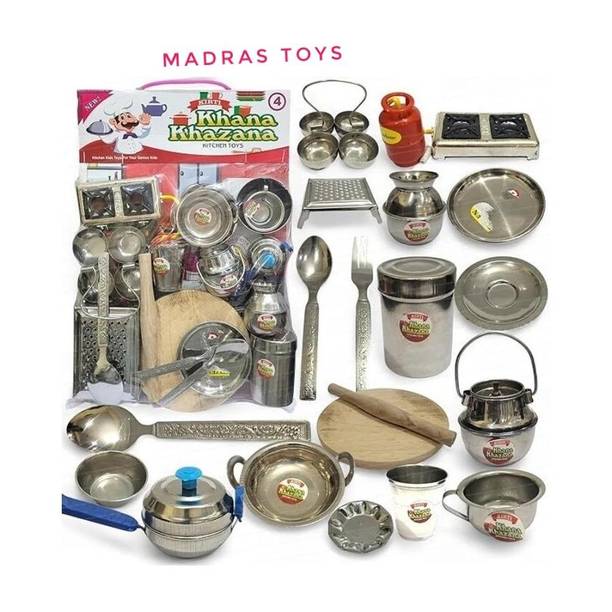MADRAS TOYS Steel Kitchen Toys with Chakla belon set / Miniature kitchen Toys