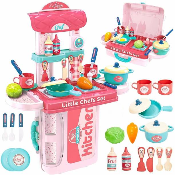 Extrawish 31 PC's 3 in 1 Kitchen Set for Kids Cooking Set Mini Portable kitchen For Girls