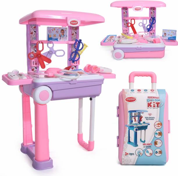 333MART Doctor Set Trolley for Kids LED Light Instruments 13 Piece Doctor Kit (Pink)
