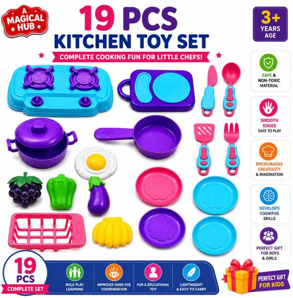 A MAGICAL HUB Kitchen Play Set Toys for Girls -19 Pcs Portable Cooking Kitchen Play Set