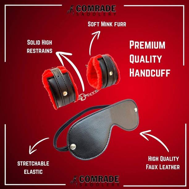 Comrade Saddlery Leather Handcuffs And Blind Fold Black And Red