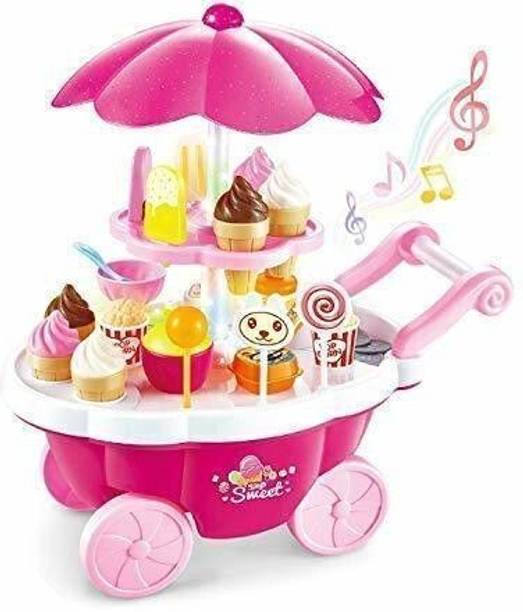 himanshu tex Luxury Ice Cream Kitchen Play Cart Kitchen Set Toy with Lights and Music, Small sweet shop for kids(39 pcs)