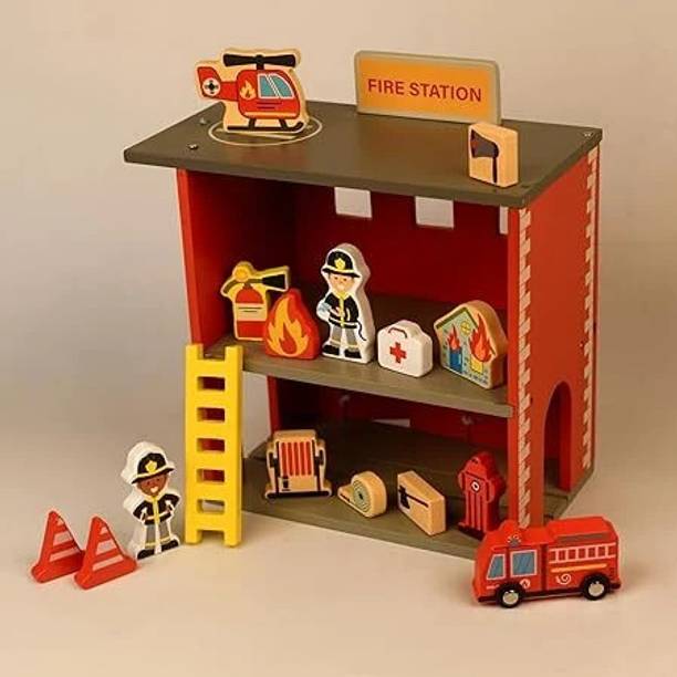 Playbox Wooden Pretend Play Red Marshall's Fire Station All Fire Accessories Toy Set