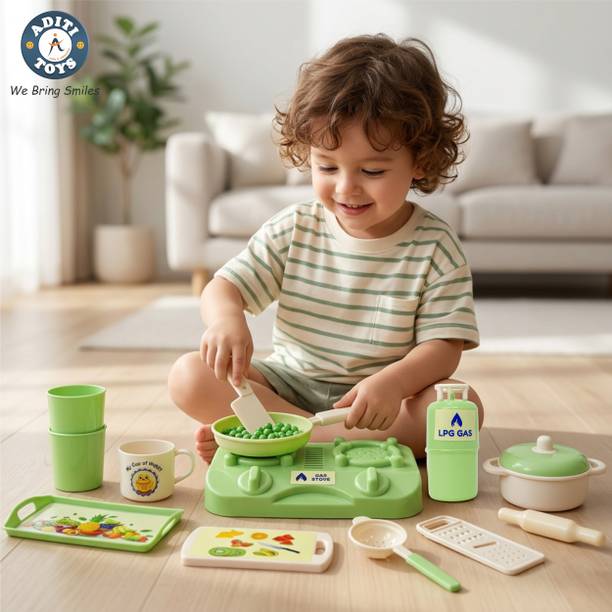 Aditi Toys Kitchen Fresh Cook Set Bag for Kids with Utensils & Gas Stove (Green)