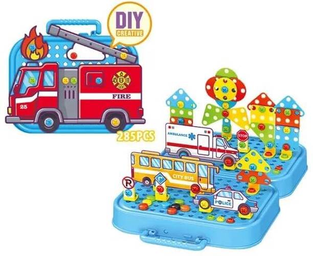 CountryLink 285pcsEducational DIY Construction Toy with Bus, Police Car, Ambulance & Tools
