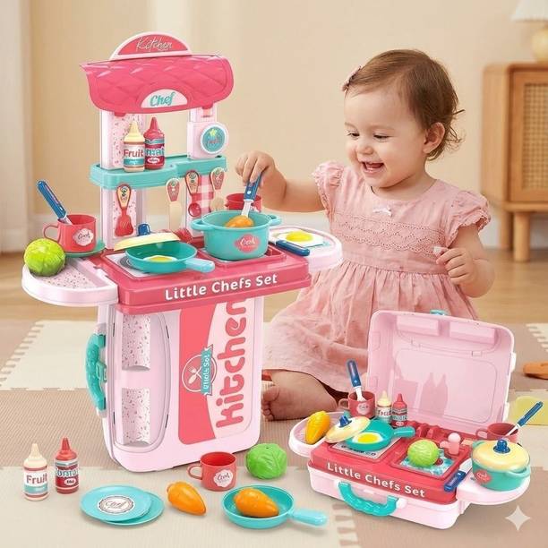 hanumant 3-in-1 Little Chefs Kitchen Cook Set Role-Play Toy for Kids (Pink)