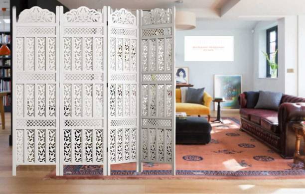 Artistic Interior Crafts Wooden Partition for Living Room and 6 Feet 4 panel Jali Design White Solid Wood Decorative Screen Partition