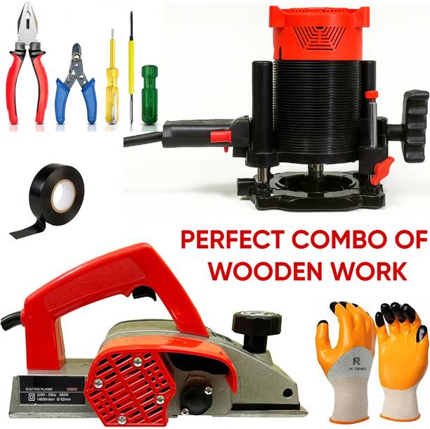 RanPra 12 MM ROUTER MACHINE & 82MM POWER PLANER WITH 4 SET HANDTOOL AND SAFETY GLOVES Power & Hand Tool Kit
