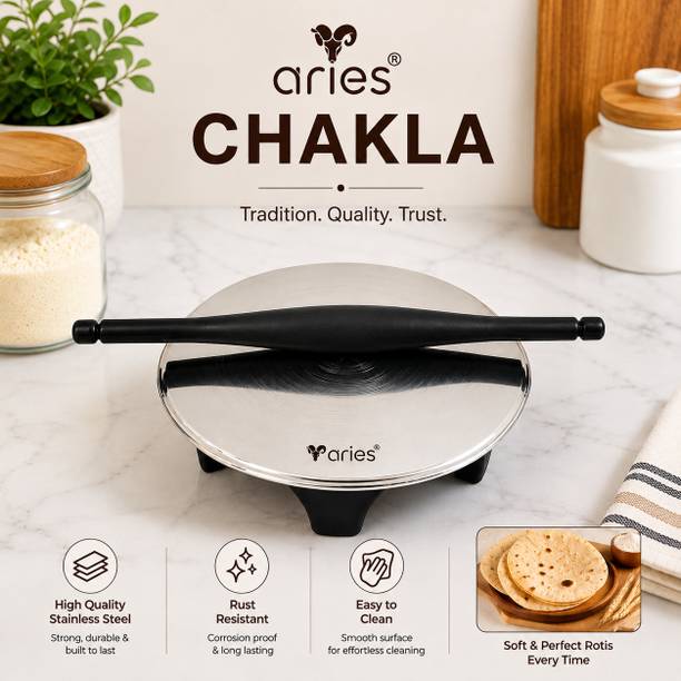 ARIESTIME Rolling Pin and Board Set, Stainless Steel and Plastic Chakla Roti and Khakra Maker