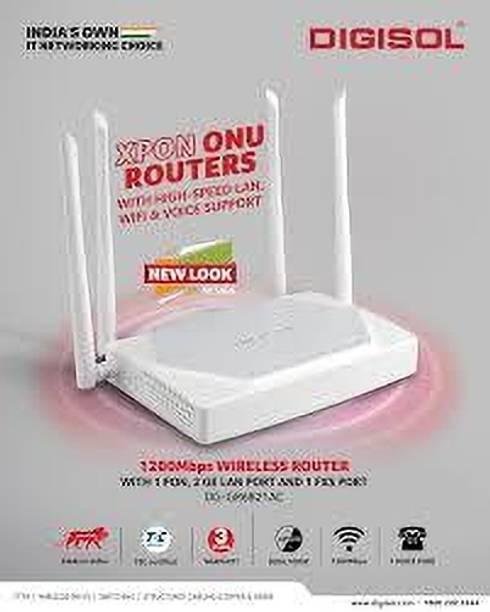 RASI INFOTECH DIGISOL XPON ONU DG-GR6821AC Router 2.4 GHz, 5 GHz 1200 Mbps Wifi Speed Dual Band External Antenna ADSL (Telephone), Both (Ethernet and ADSL), Ethernet (Cable Broadband)