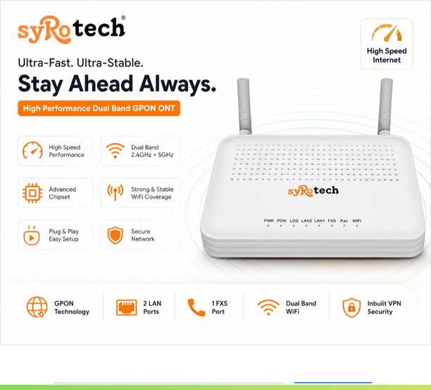 Syrotech SY-GPON-1110-WDONT- 115 Router 2.4 GHz, 5 GHz 300 Mbps Wifi Speed Dual Band External Antenna Ethernet (Cable Broadband)