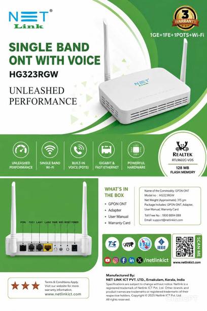 SHRI RASI INFOTECH NETLINK SINGLE BAND ONT WITH VOICE HG323RGW Router 2.4 GHz 300 Mbps Wifi Speed Single Band External Antenna Ethernet (Cable Broadband), Both (Ethernet and ADSL)
