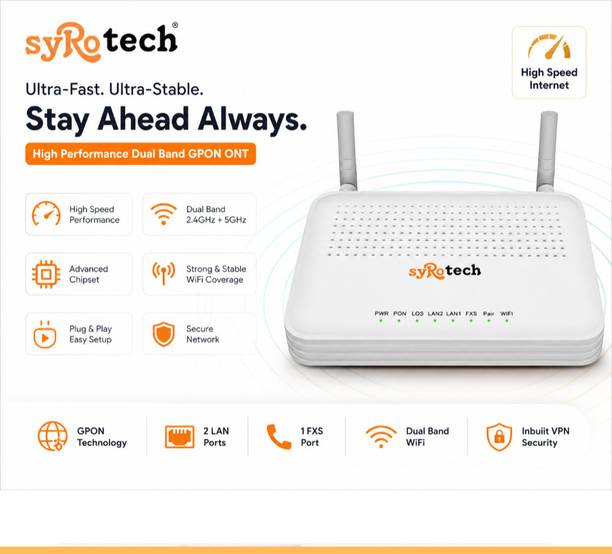 Syrotech SY-GPON-1110-WDONT- 116 Router 2.4 GHz, 5 GHz 300 Mbps Wifi Speed Dual Band External Antenna Ethernet (Cable Broadband)