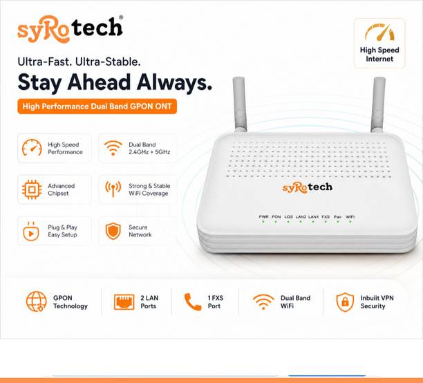 Syrotech SY-GPON-1110-WDONT- 118 Router 2.4 GHz, 5 GHz 300 Mbps Wifi Speed Dual Band External Antenna Ethernet (Cable Broadband)