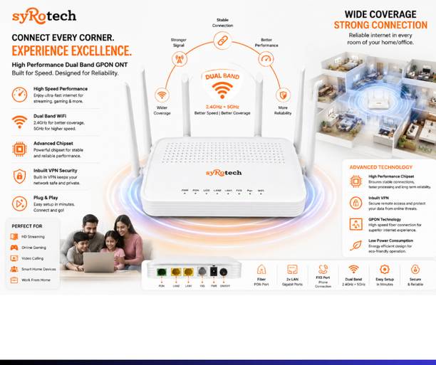 Syrotech SY-2010 XPON-1200mbps-124 Router 2.4 GHz, 5 GHz 300 Mbps Wifi Speed Dual Band External Antenna Ethernet (Cable Broadband)