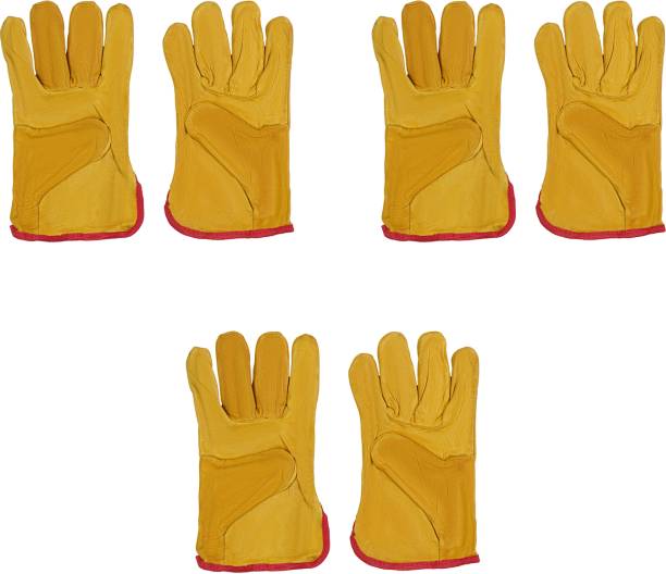 Safies Yellow Chrome Leather Welding,Driving & Safety Gloves (Pack Of 3 Pairs) S Leather  Safety Gloves