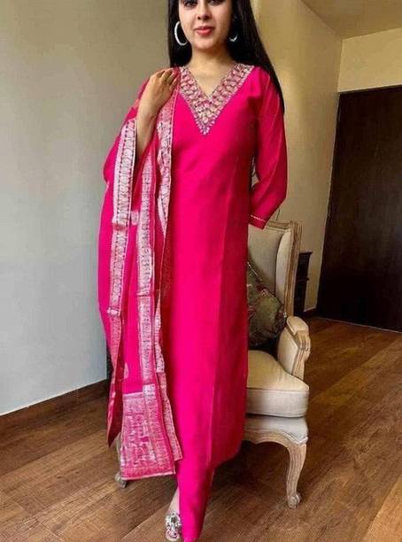 Women Solid Rayon Slub Kurti with Dupatta &Bottomwear Solid Anarkali Kurta, Bottom & Dupatta Set