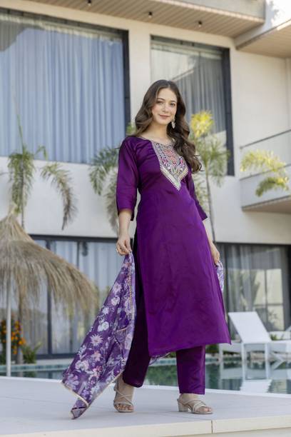 pure fabric kurta with pant and dupatta set Embroidered Kurta, Trouser/Pant & Dupatta Set