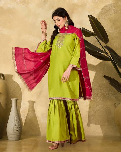 SheWill Embroidered Kurta, Sharara & Dupatta Set
