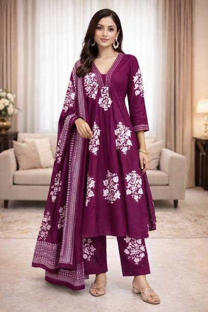 Pack of 3 Floral Print Cotton Blend Flared Kurta for Women With Attached Dupatta