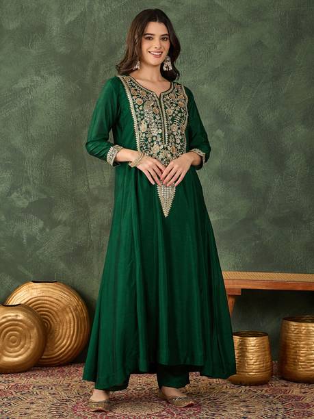 Emerald Green Embroidered Anarkali Kurta Set for Festive Wear Embroidered Kurta, Trouser/Pant & Dupatta Set