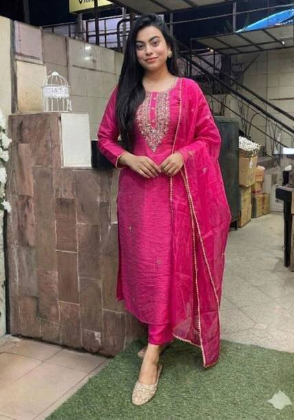 Pink Kurta Set Embroidered Kurta, Trouser/Pant & Dupatta Set