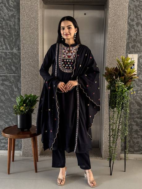 RanGya Women's Black Embroidered Kurta Pant & Dupatta Set Embroidered Kurta, Trouser/Pant & Dupatta Set