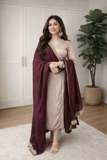 Women’s Heavy Roman Silk Embroidered Kurti, Embroidered Kurta, Trouser/Pant & Dupatta Set
