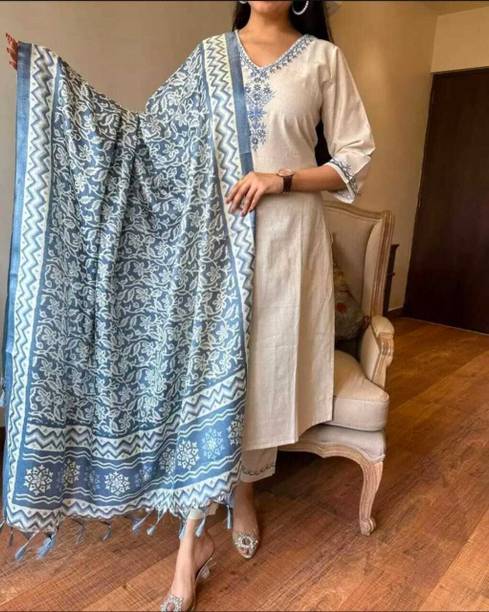 Zibori Women Khadi Cotton Kurti Pant Dupatta Set