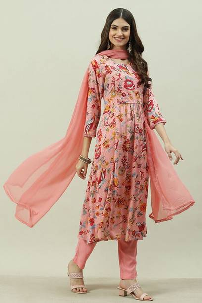 SKDKALAMKAR8355AW22PNK Embellished Kurta, Trouser/Pant & Dupatta Set