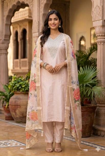 Pastel Elegance Silk Kurta Set with Organza Dupatta Embroidered Kurta, Trouser/Pant & Dupatta Set