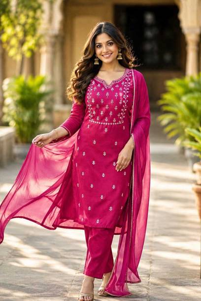 Women Festive Ethnic Wear Embroidered Kurta, Trouser/Pant & Dupatta Set