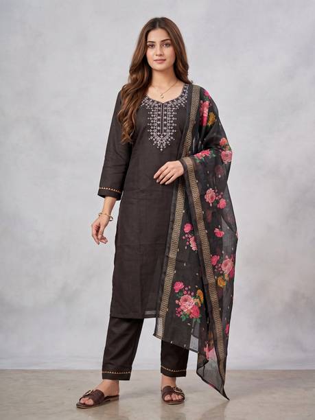 Women Embroidered Chanderi Indigo Blue Kurta, Pant, and Floral Dupatta Set Embroidered Kurta, Trouser/Pant & Dupatta Set