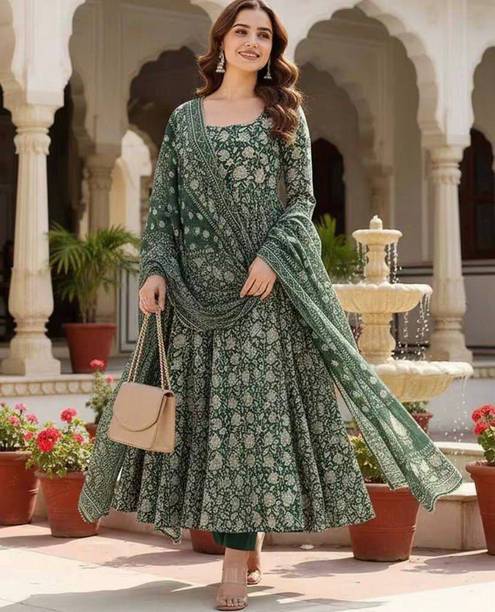 Stylish Green Printed Anarkali Suit Set with Dupatta – ...