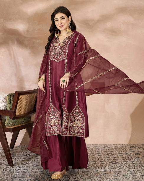 Tasrika Embroidered Kurta, Sharara & Dupatta Set