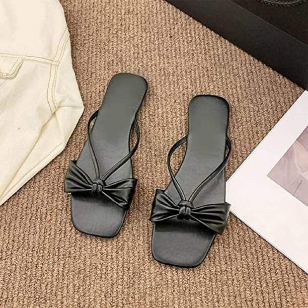LEEFANT Fashion Sliders l Stylish Flat Sandals For Women's l Slippers, Party, Wedding, Women Black Flats
