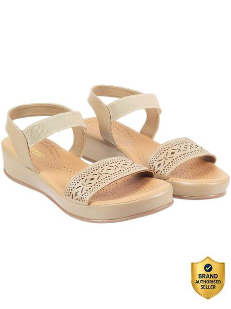 Women BeigeOpenToeFlatswithLaserCuts Wedges Sandal