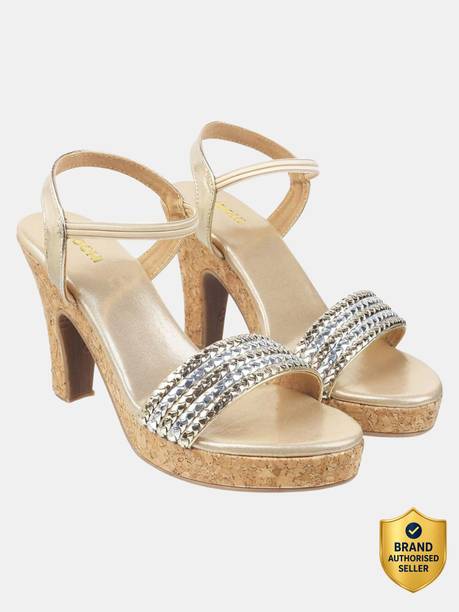 Women Gold-TonedWovenDesignBlock Heels Sandal